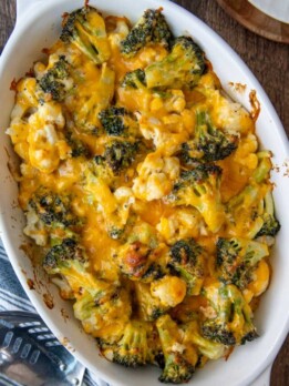overhead shot of vegetable casserole in a white oval dish