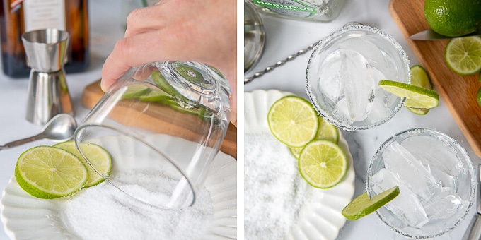 images showing how to salt rim a glass for a margarita