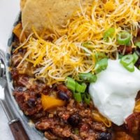 close up overhead shot of turkey chili in a bowl