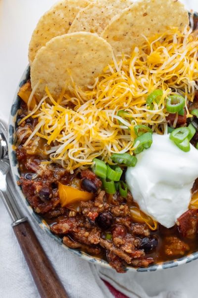 close up overhead shot of turkey chili in a bowl