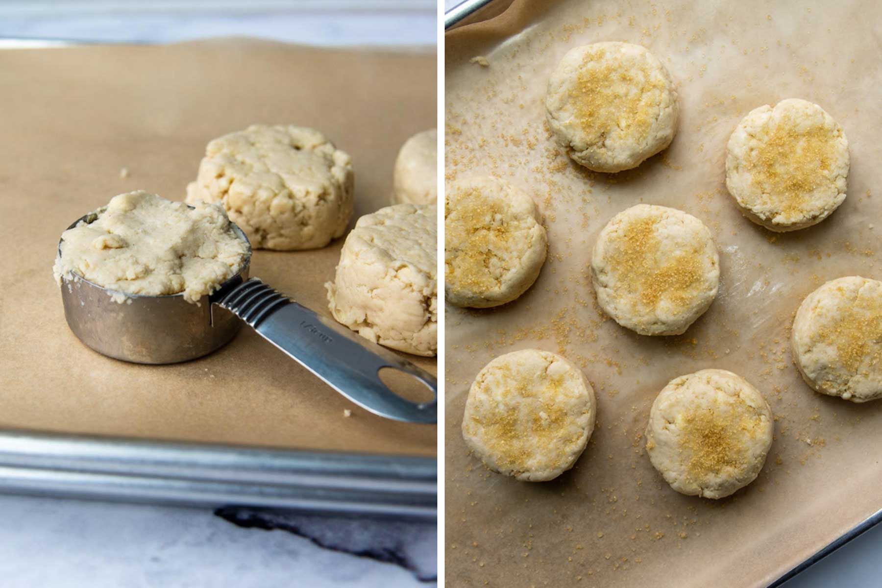 images showing how to shape and drop the biscuits on a baking sheet
