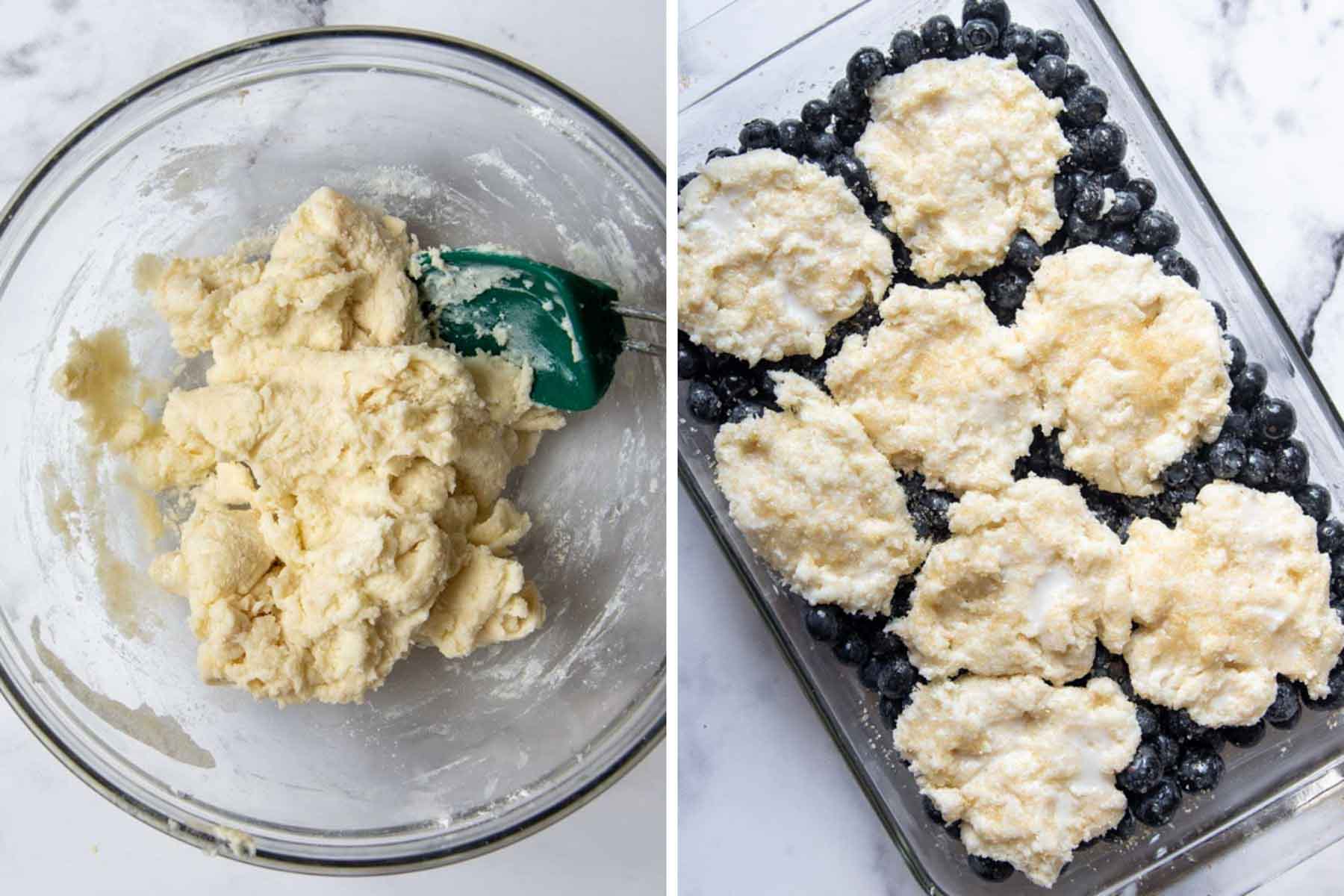 images showing dough being mixed and biscuit rounds on top of uncooked blueberries