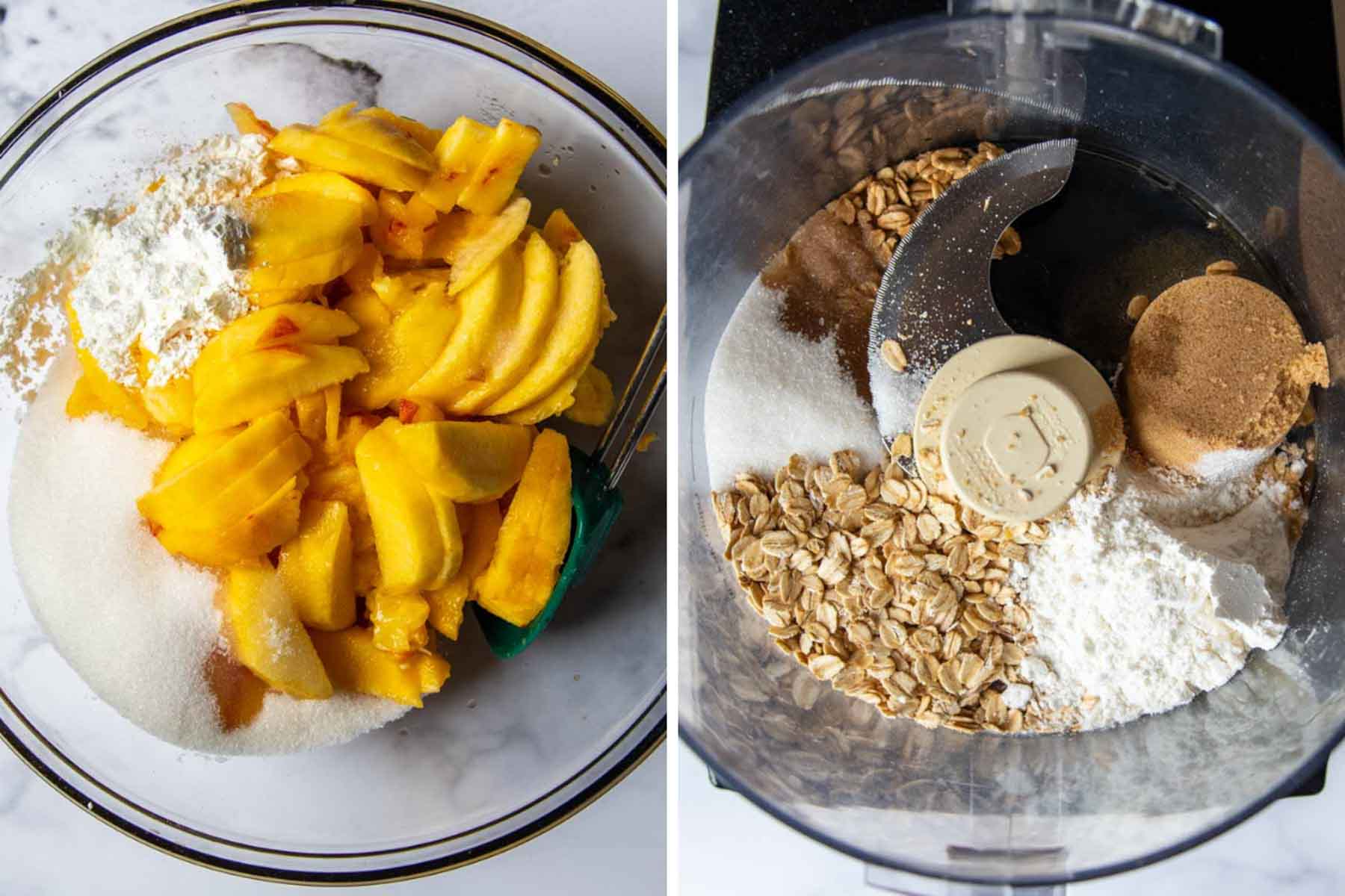 images showing ingredients for peach filling and crisp topping ingredients in a food processor