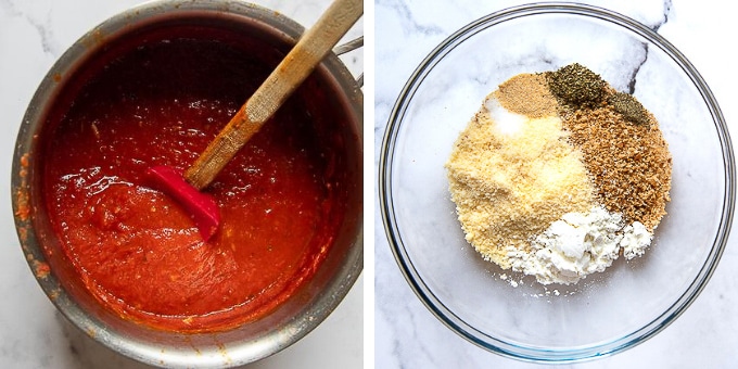 images showing the homemade marinara sauce and ingredients for gluten free parmesan chicken