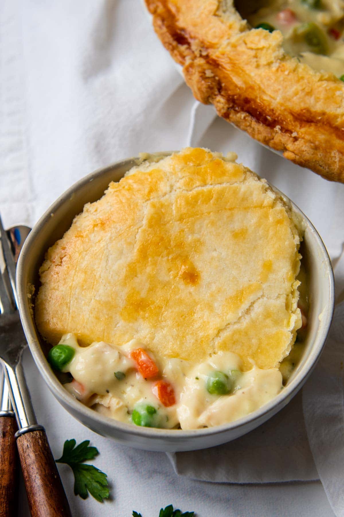 a serving of pot pie in a white bowl
