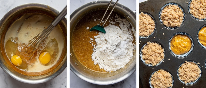 images showing more steps of making gluten free pumpkin muffins with crumb topping