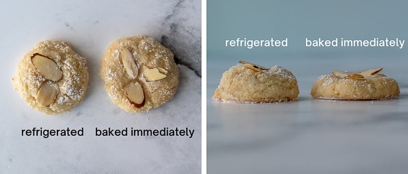 side by side shots of almond paste cookies refrigerated first and not before baking