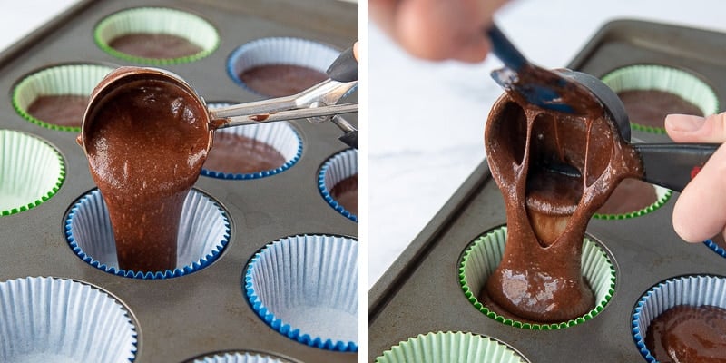 images showing how to divide cupcake batter into pan