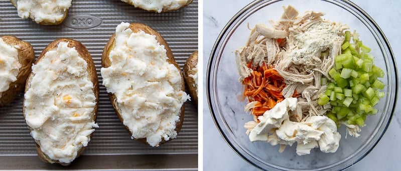 images showing how to fill baked potatoes with buffalo chicken topping