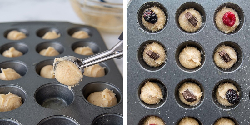 images showing dividing the batter into mini muffin tins
