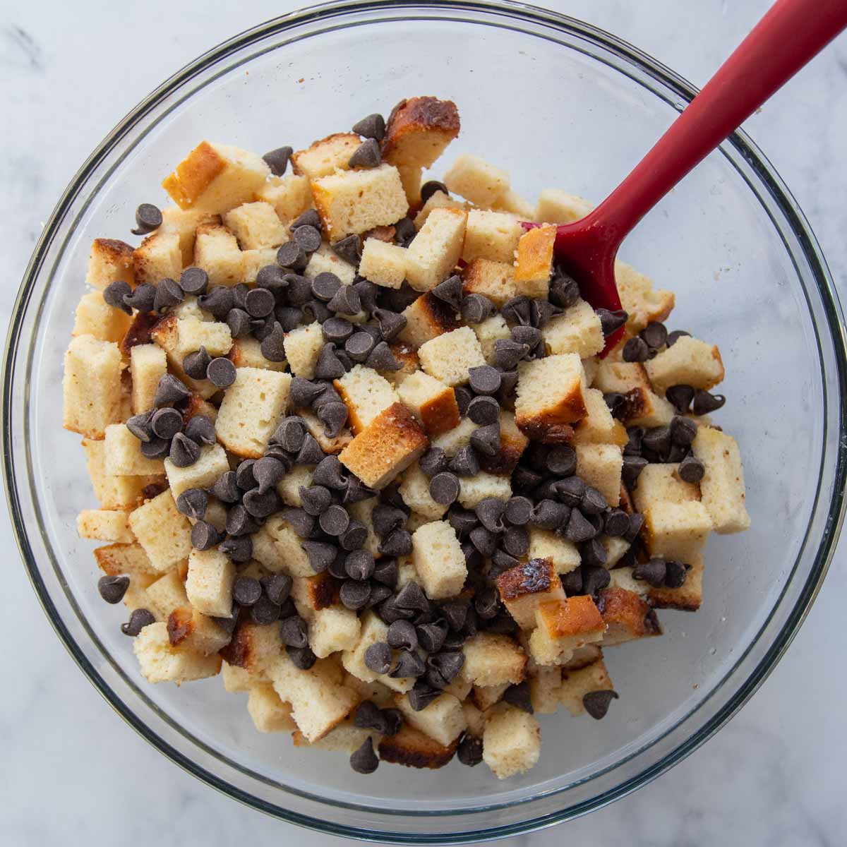 bread and chocolate chips in a bowl.
