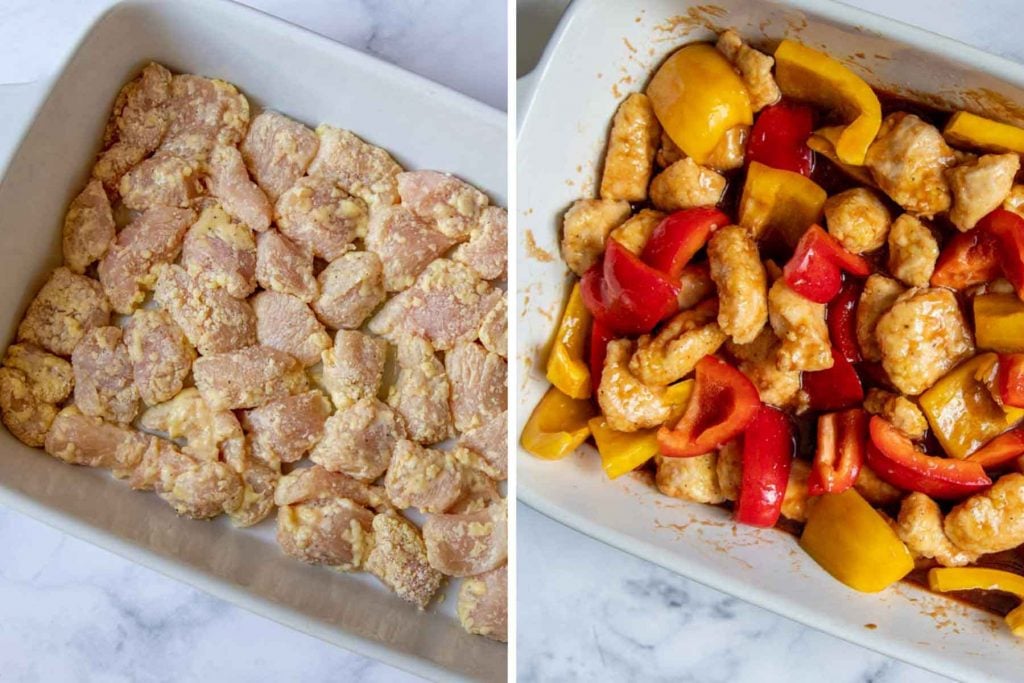 images showing unbaked chicken in dish and with peppers