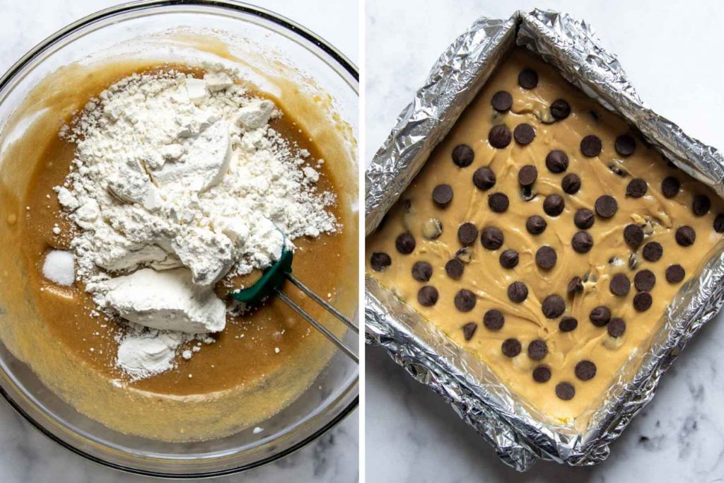 images showing blondie batter and unbaked in a pan