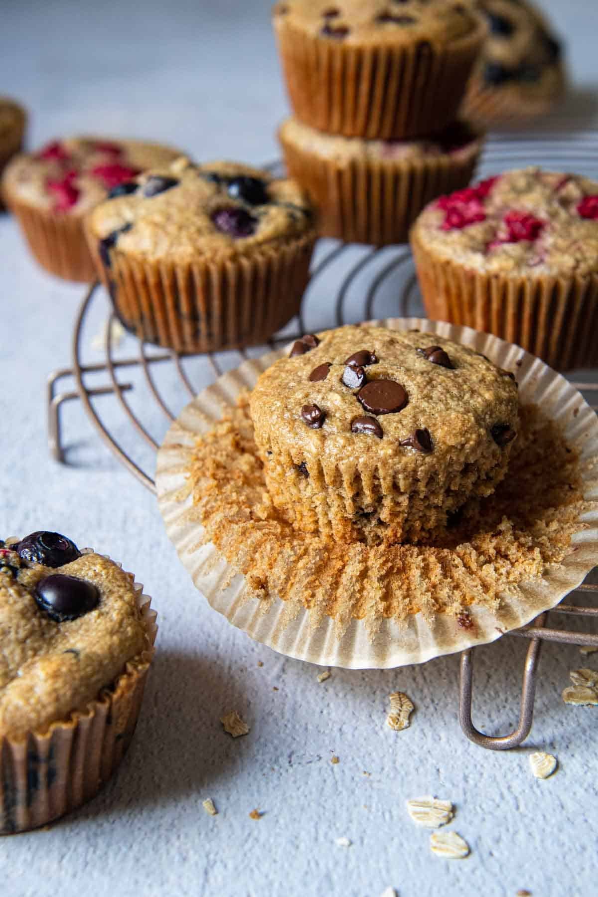oatmeal muffins with chocolate chips and other varieties around.