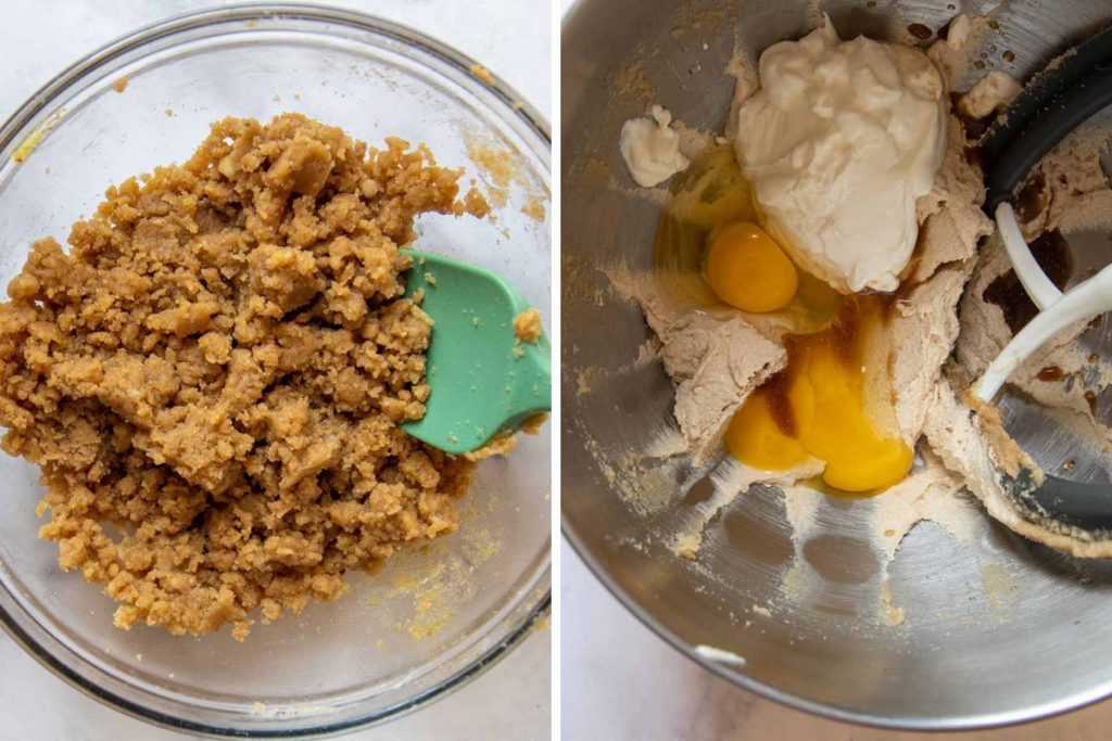 image showing how to make crumb topping and creamed butter for batter