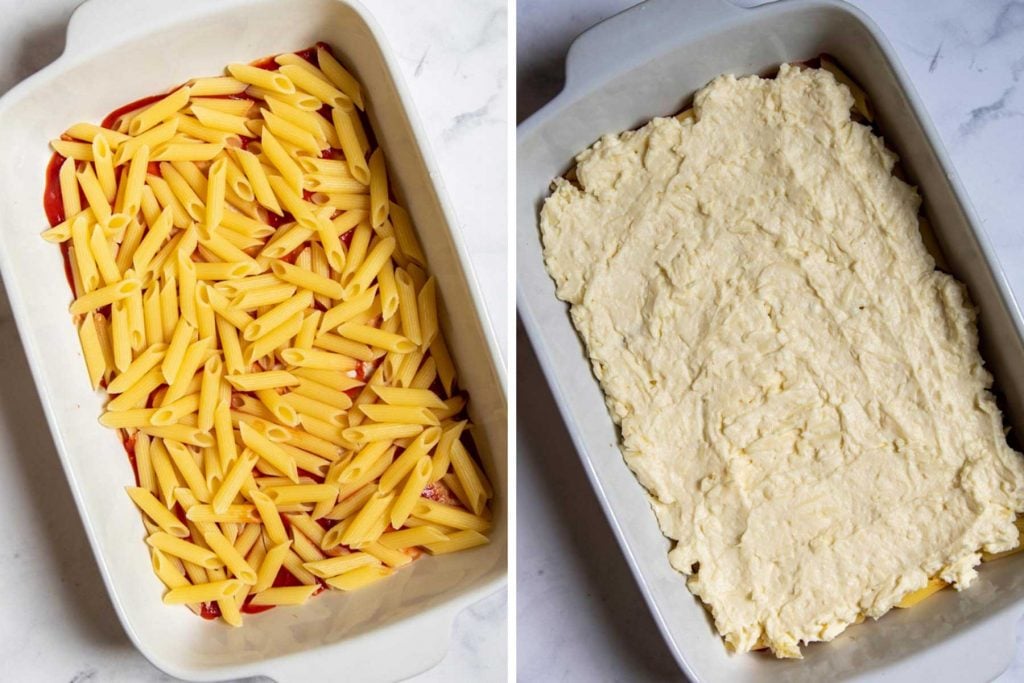images showing how to layer baked ziti