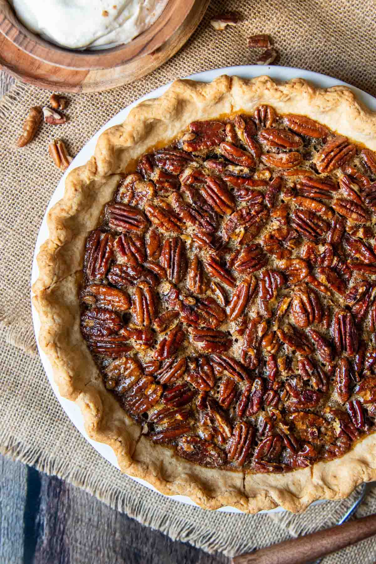overhead shot of gluten-free pecan pie unsliced