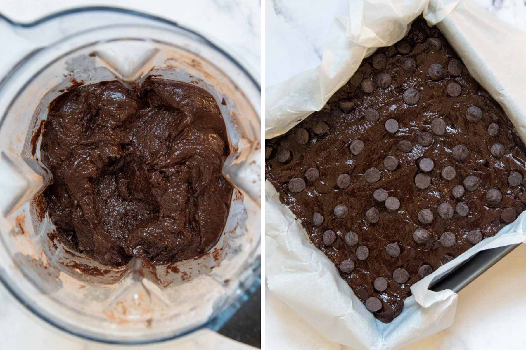 images showing the brownie batter in a blender and in a baking pan