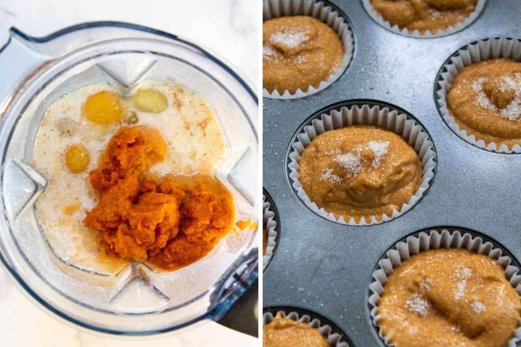 a blender with pumpkin plus oat flour muffins portioned out in muffin tins