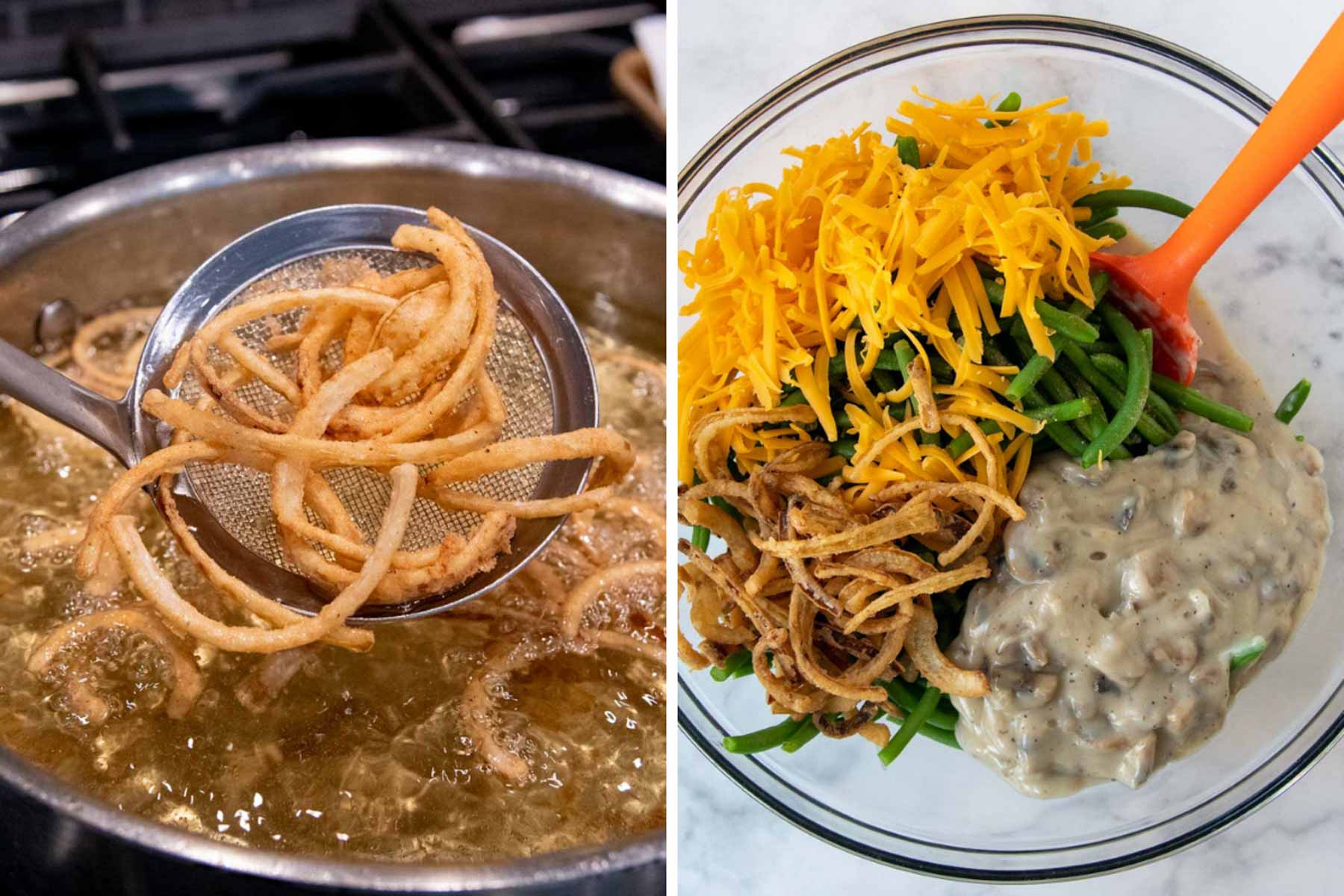 images showing fried onions and mixing together green bean casserole