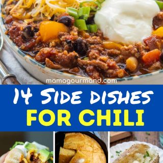 a collage of images with chili side dishes