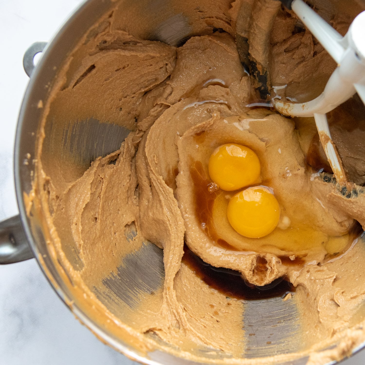 the butter and sugar mixture with eggs and vanilla added in.