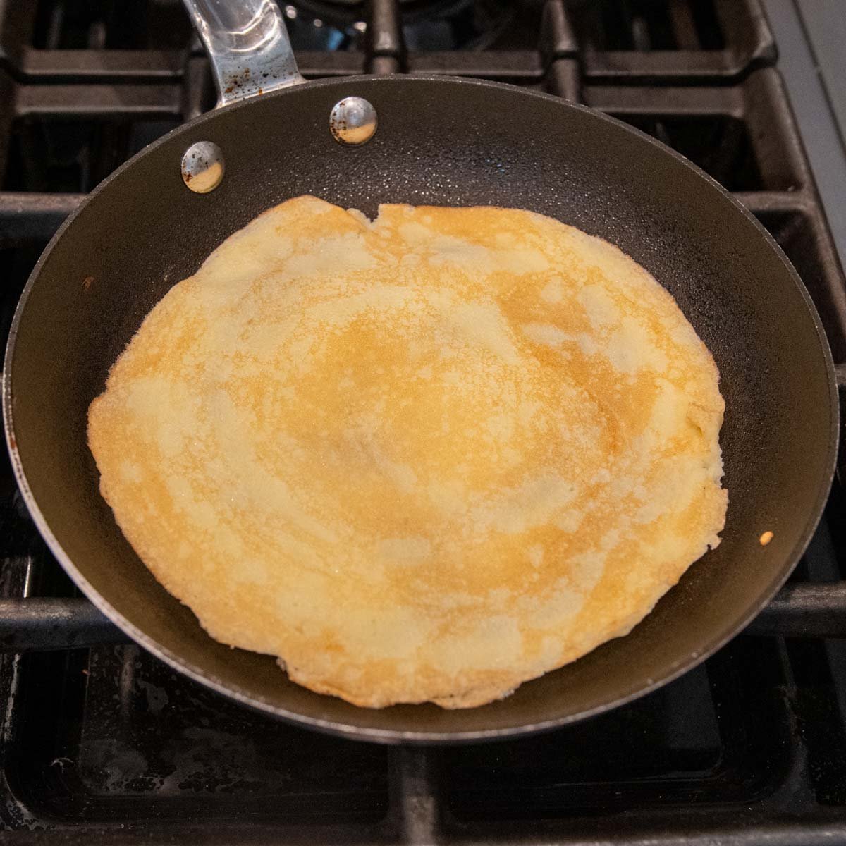 cooked crepe in a skillet.