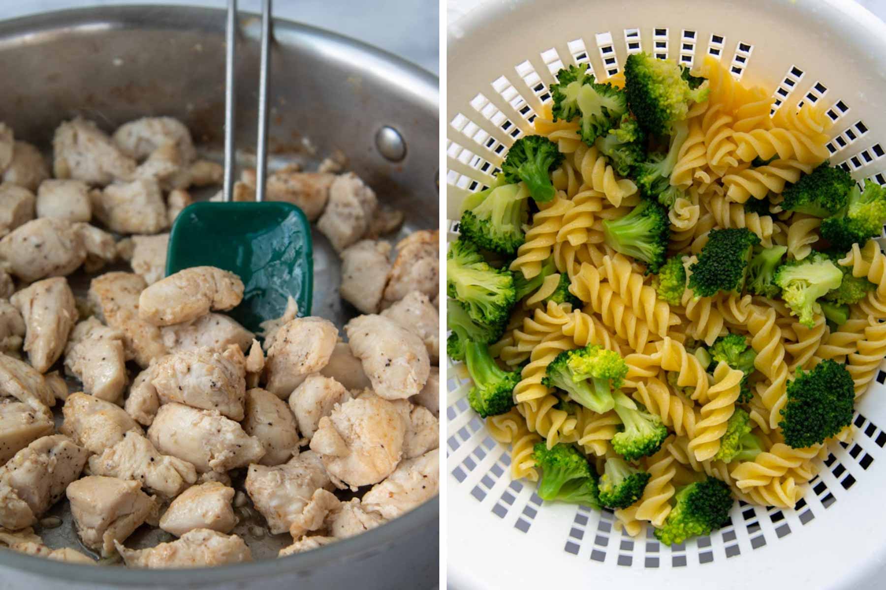 images showing the cooked chicken, pasta, and broccoli