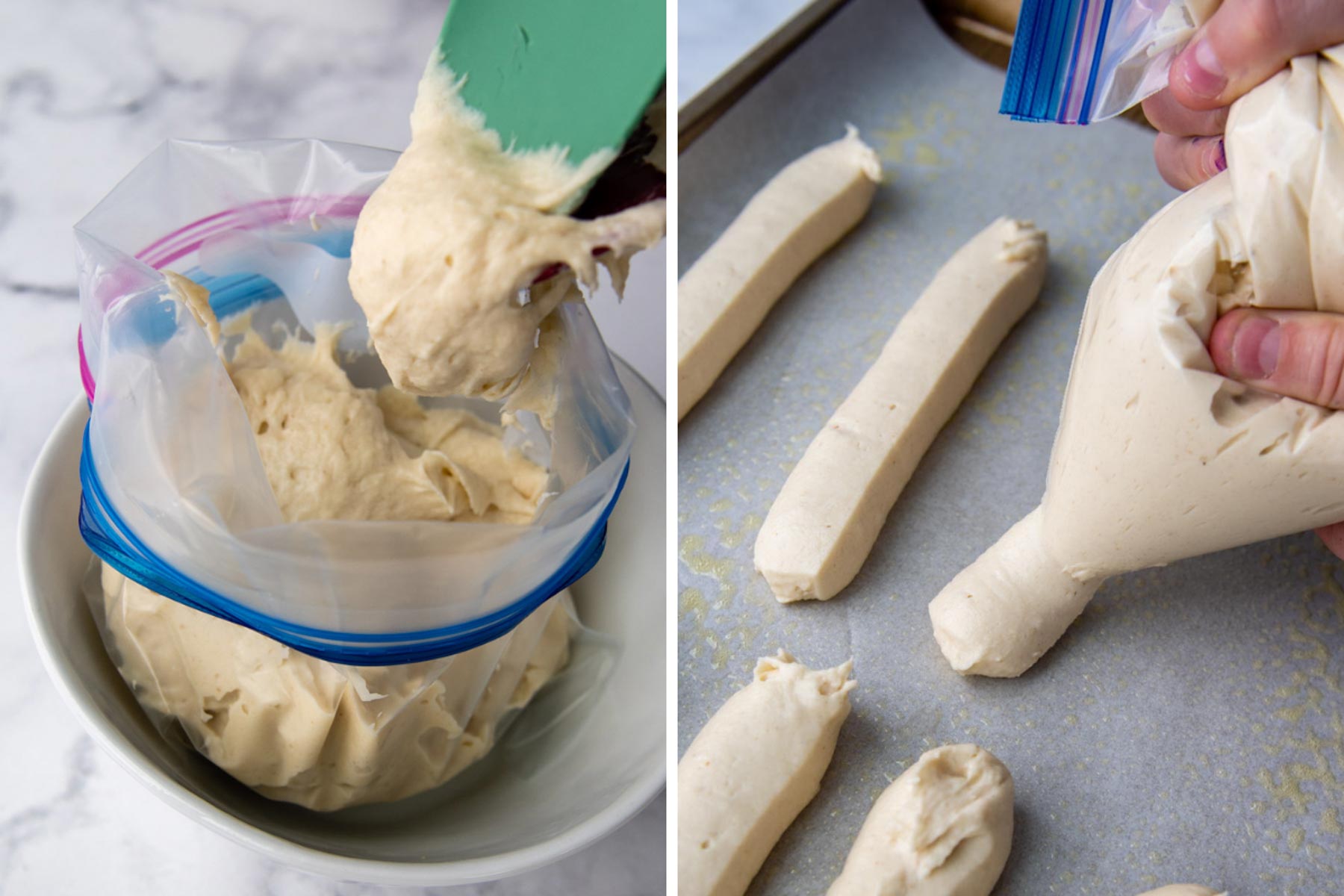 images showing how to pipe gluten-free breadsticks onto the pan