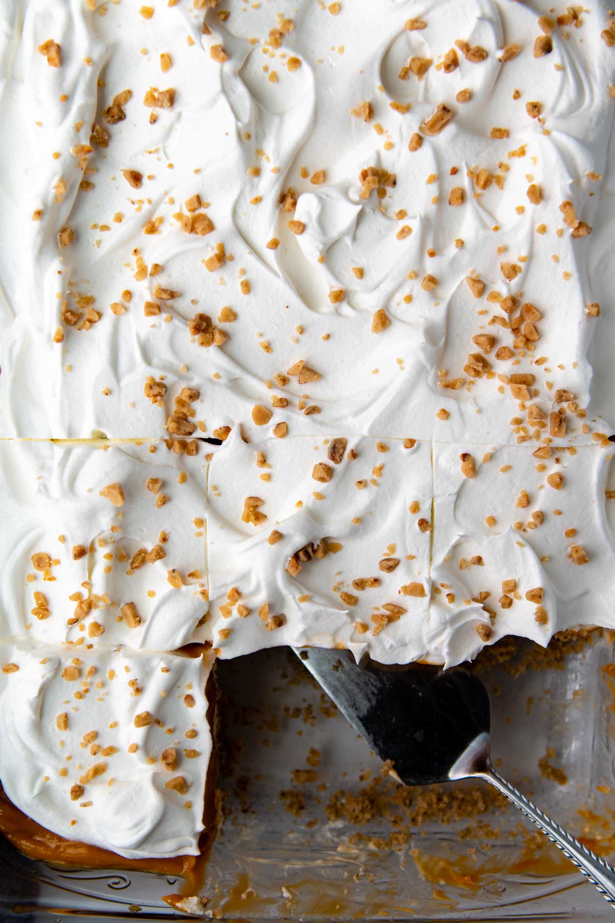 overhead shot of whipped cream topping with heath bits sprinkled on top.