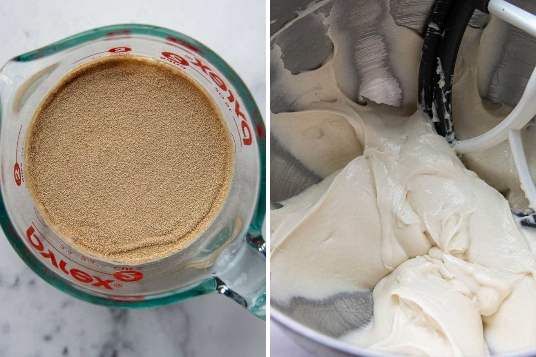 images showing yeast in water and bread dough in a mixer