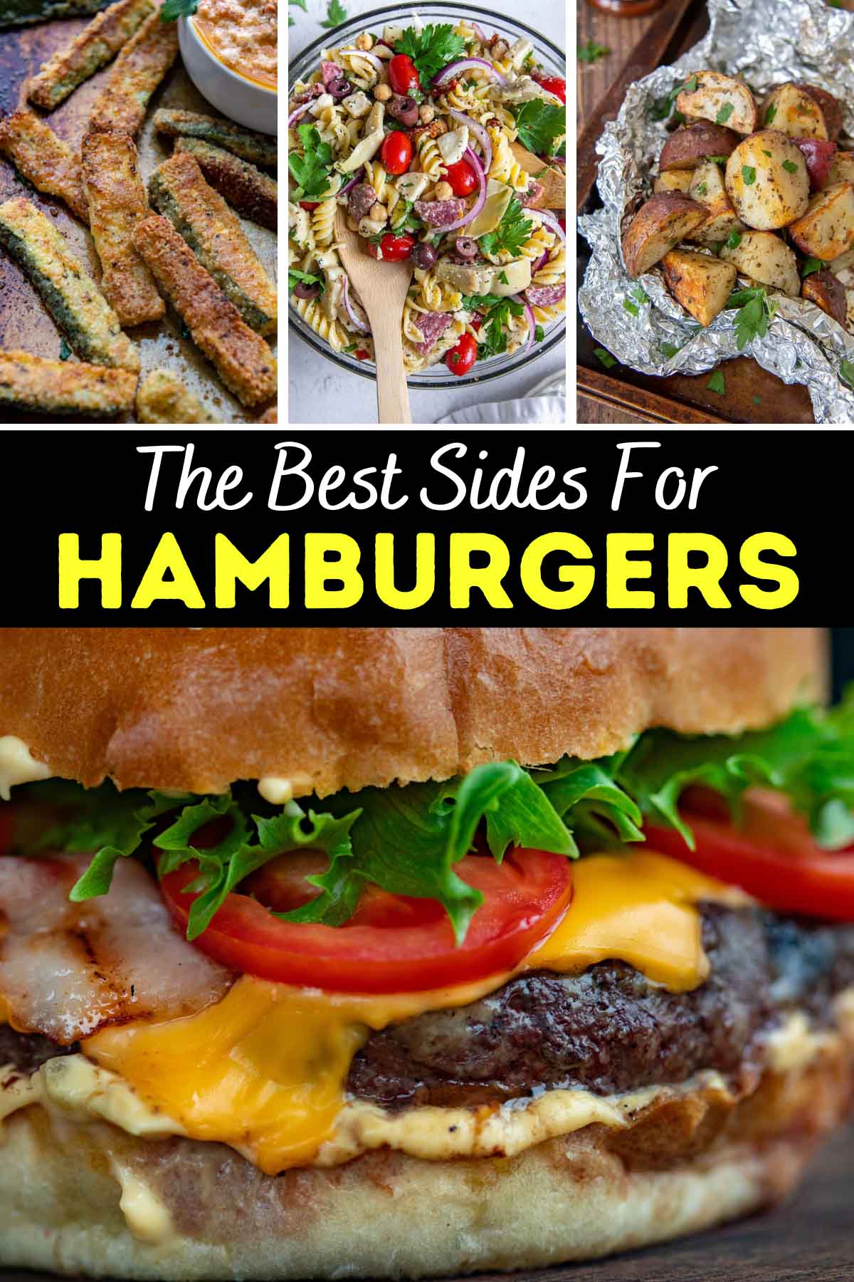 a collage of side dishes to serve with burgers.