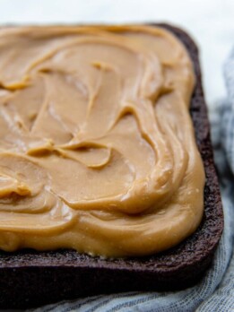 close up of peanut butter frosting on a chocolate cake.