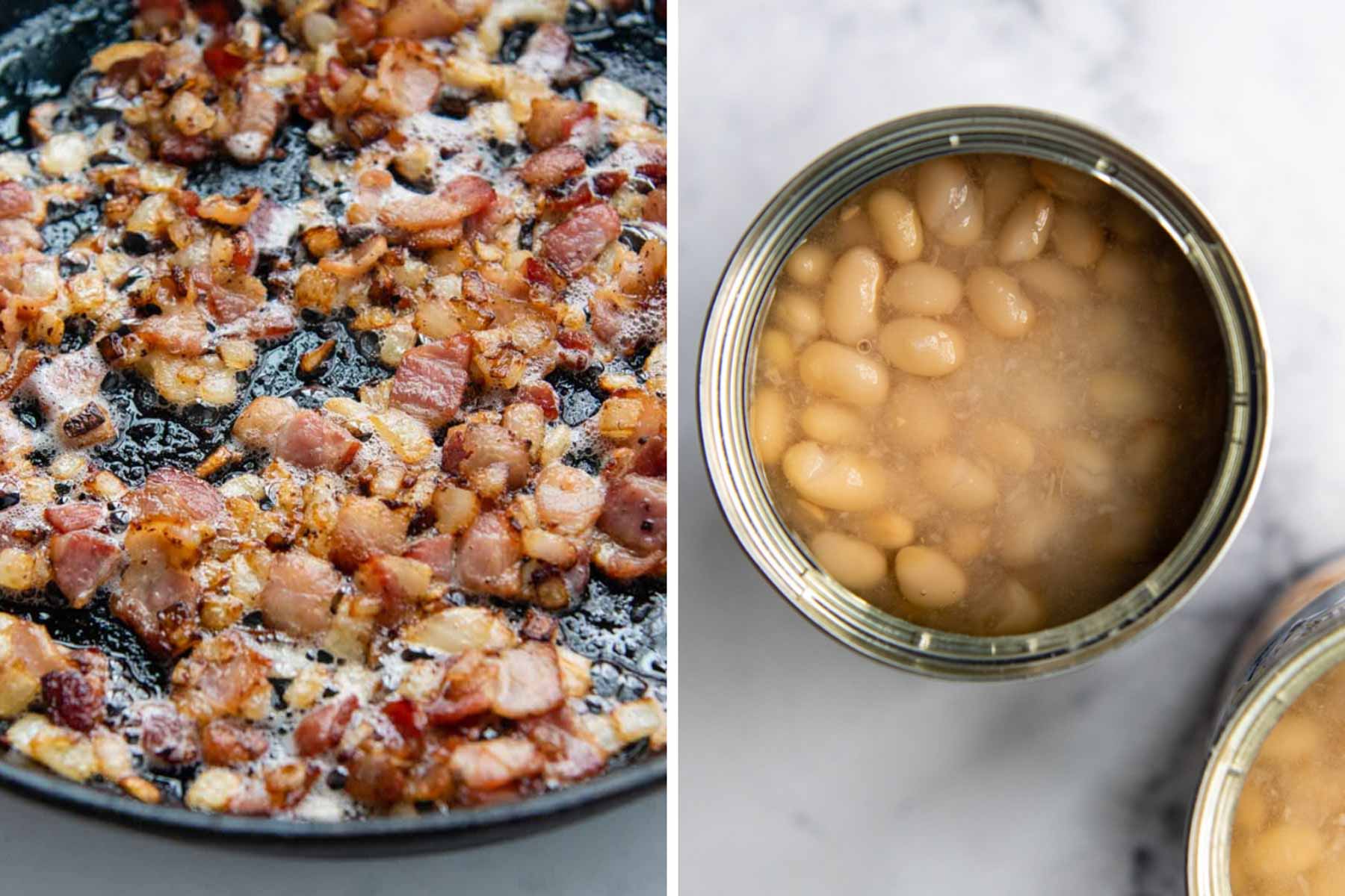 images showing the cooked bacon and onions with slightly drained beans.