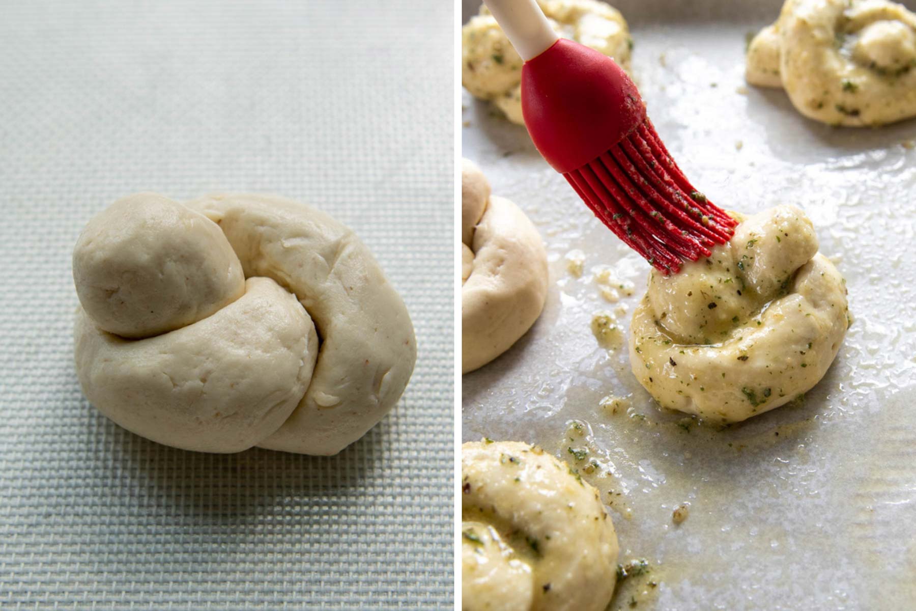 images showing how to shape gluten free garlic knots dough and brush it with butter.