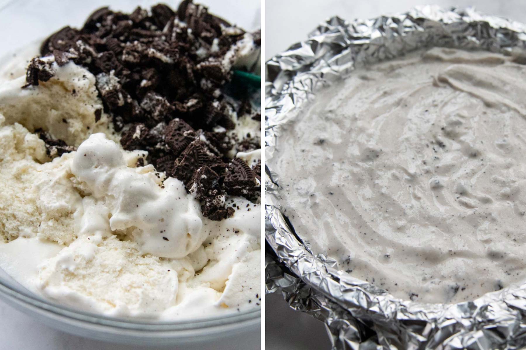 images showing oreos being mixed in ice cream and spread in a pan.