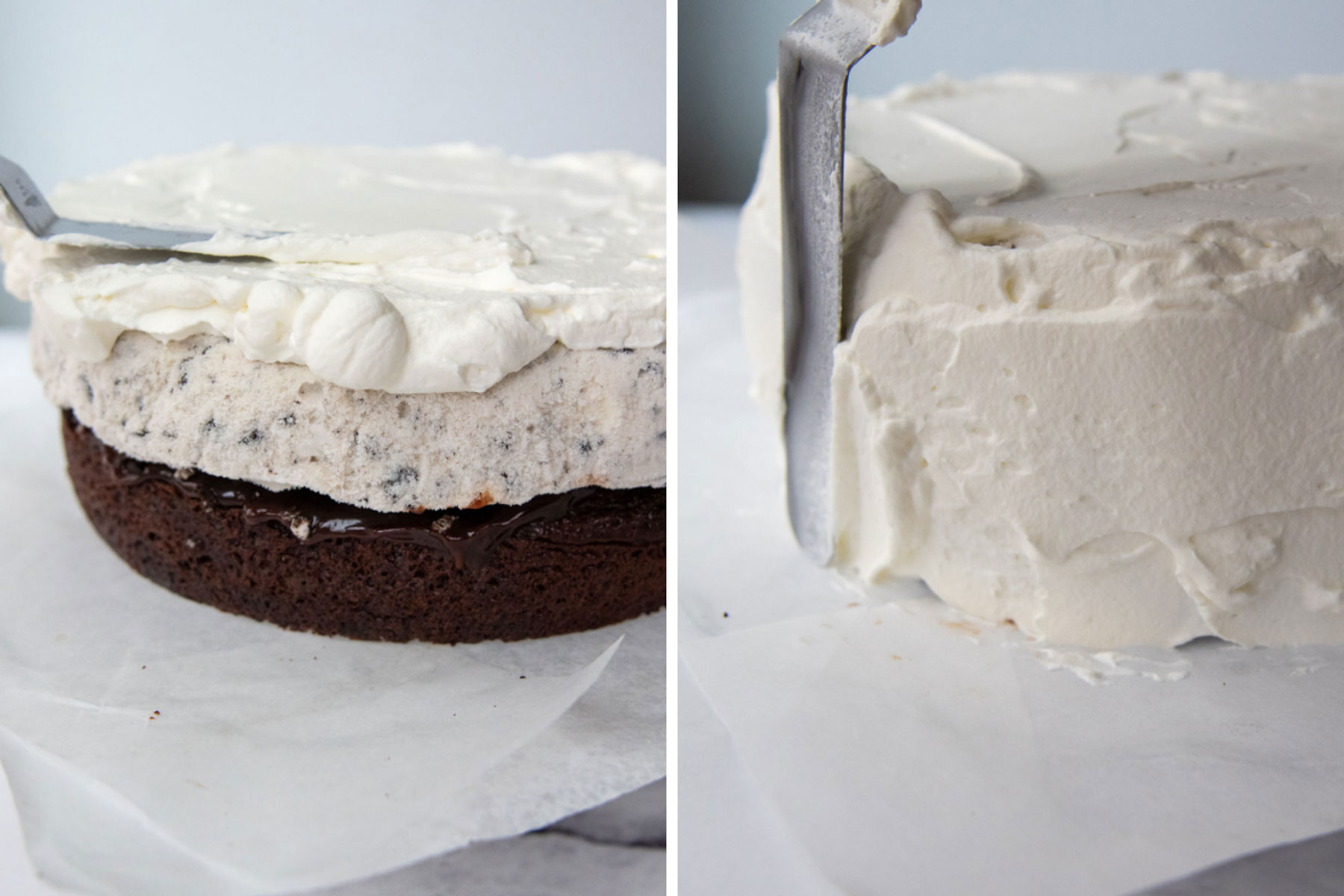 images showing how to frost the cake.
