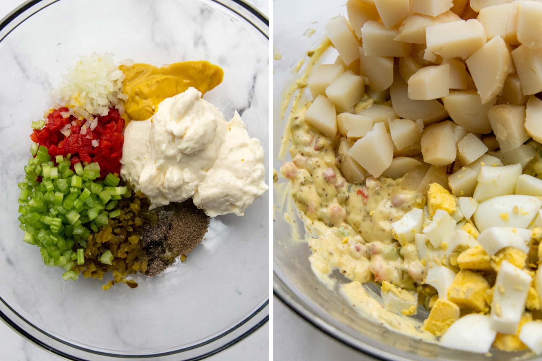 images showing how to mix together amish potato salad.