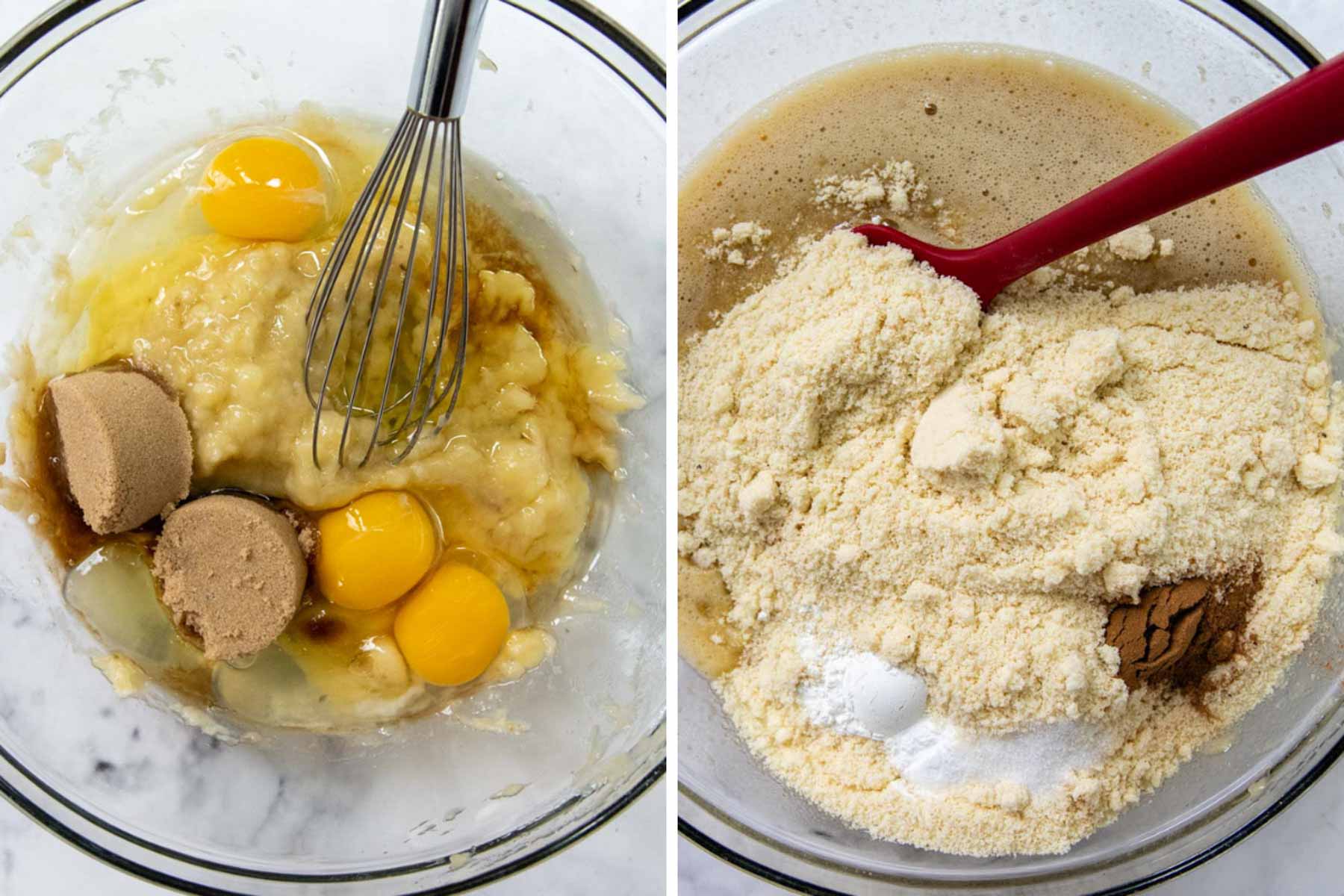 images showing to how mix batter for the muffins.