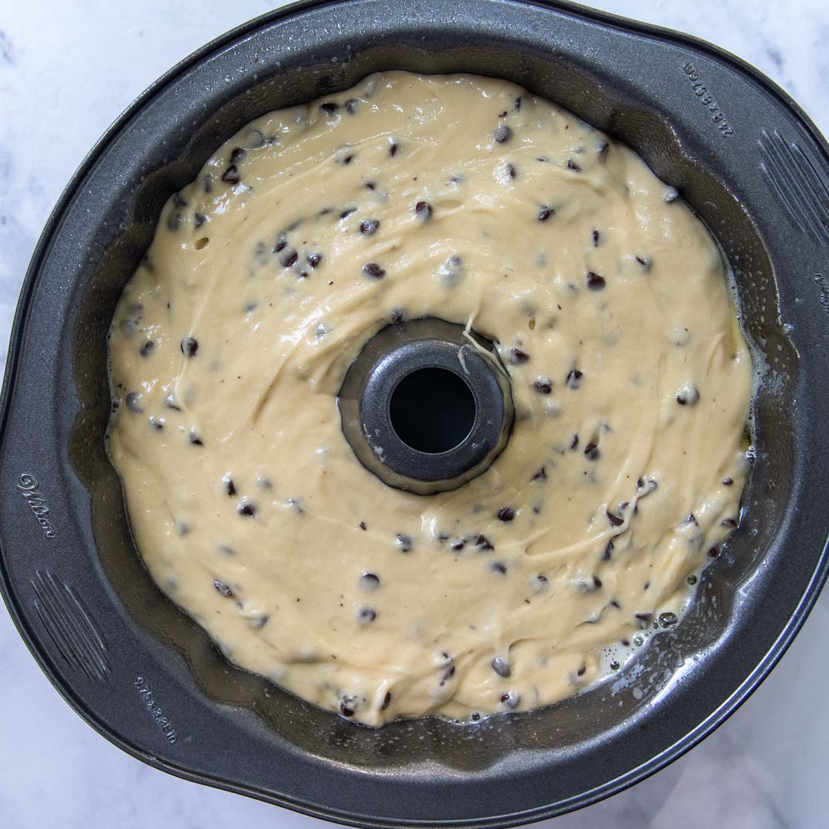 an unbaked chocolate chip cake in a bundt pan.