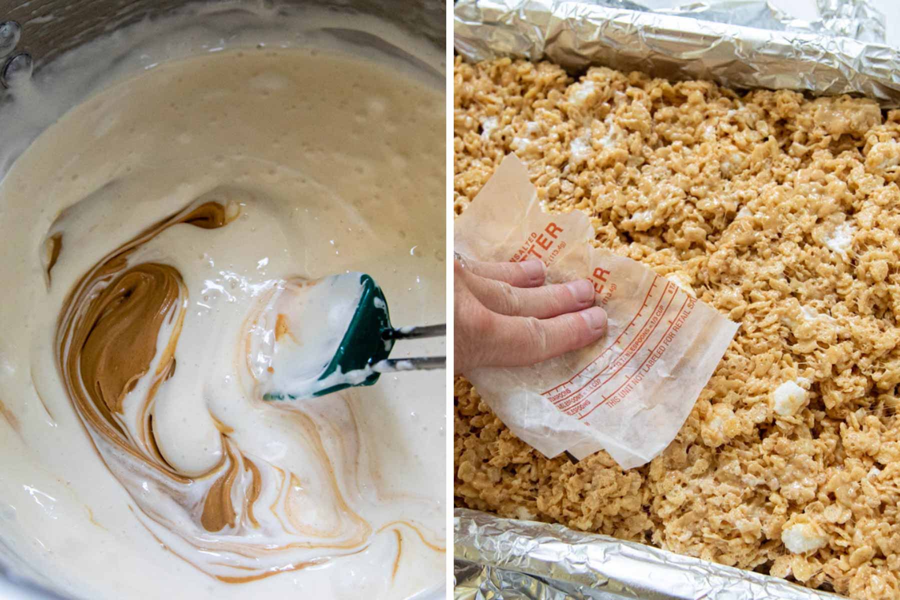 images showing how to make peanut butter rice krispie bars.
