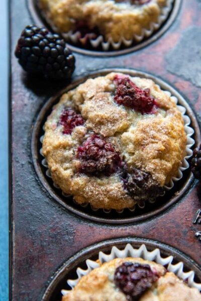 close up of the top of the blackberry muffin.