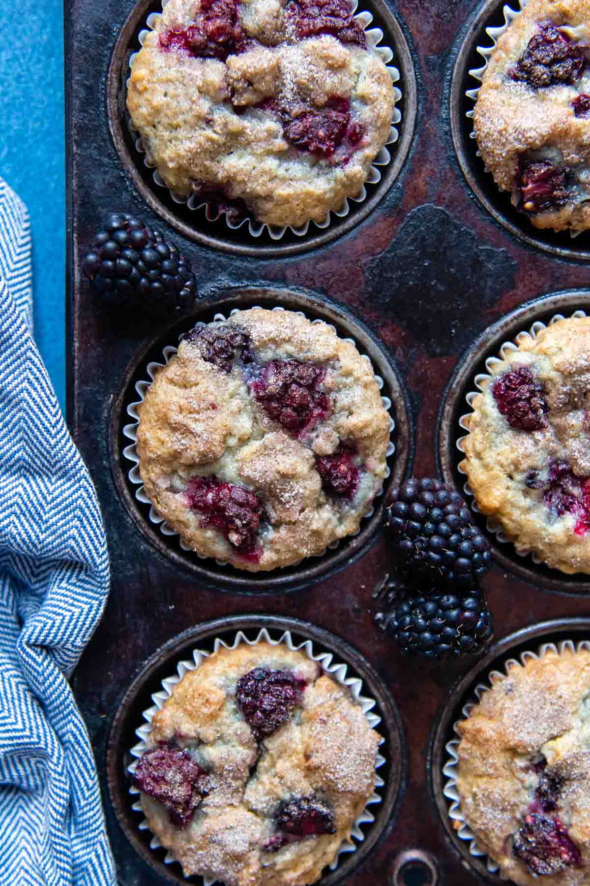 overhead shot of gluten free muffins in a dark tin with a blue towel next to it.