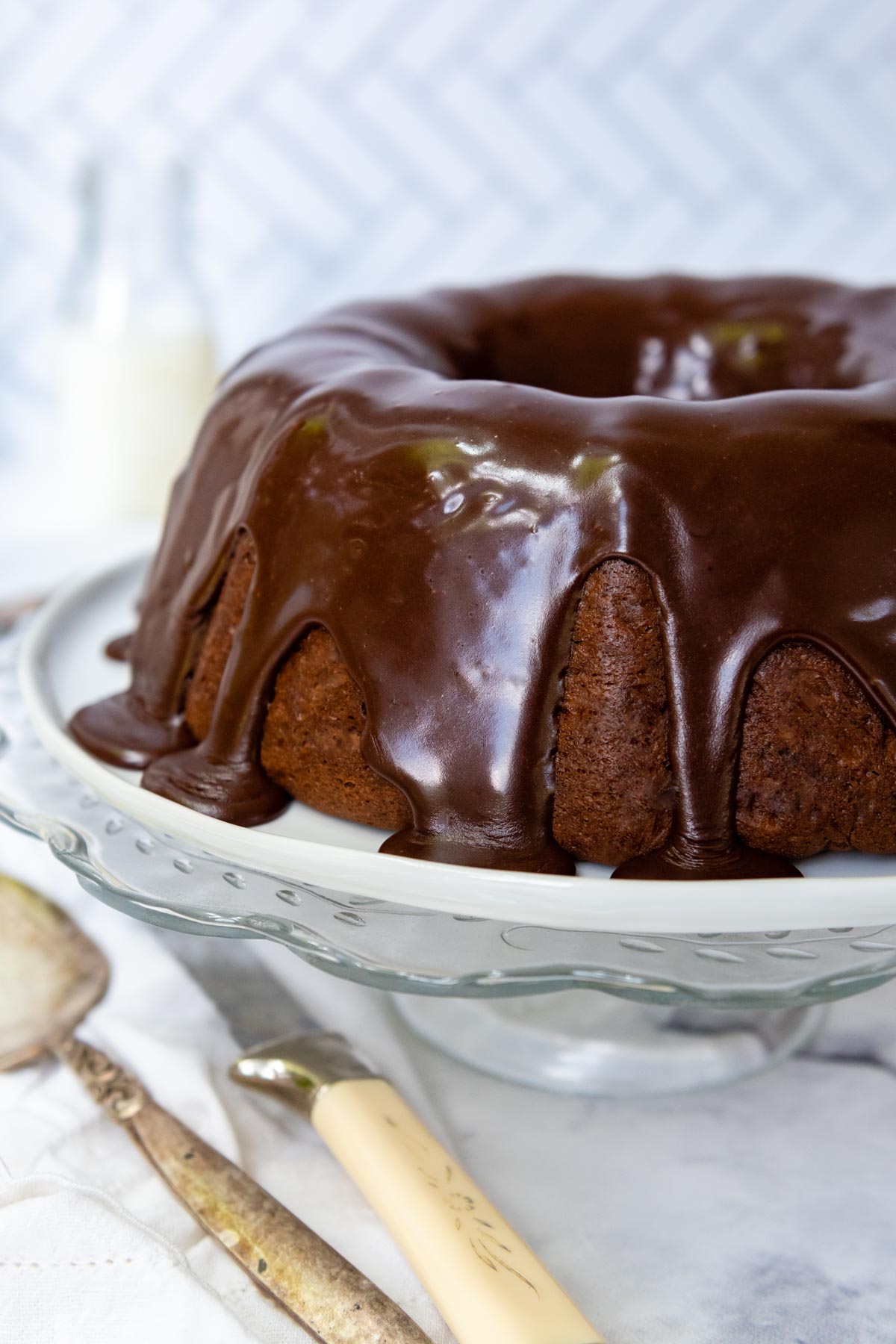 chocolate glaze on the bundt cake.