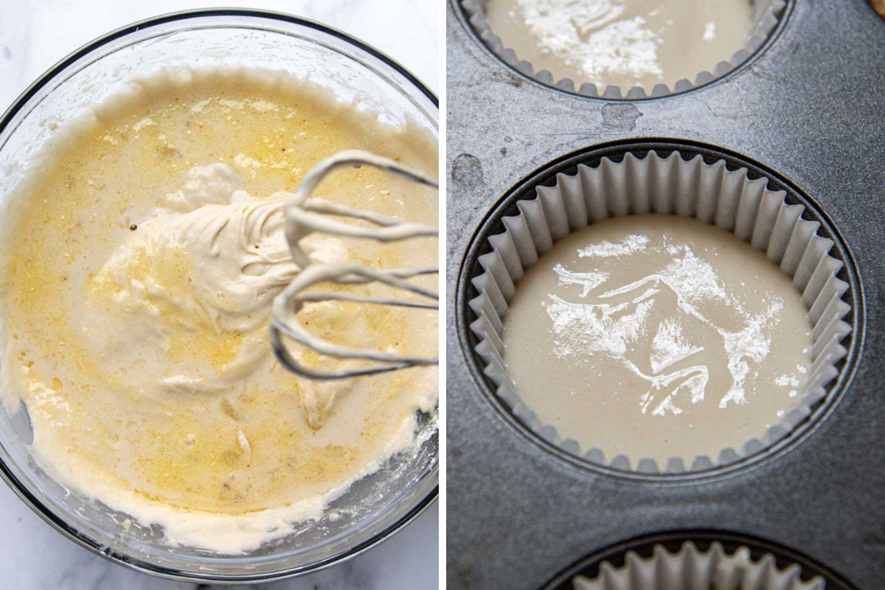 images showing batter and unbaked cupcakes in tin