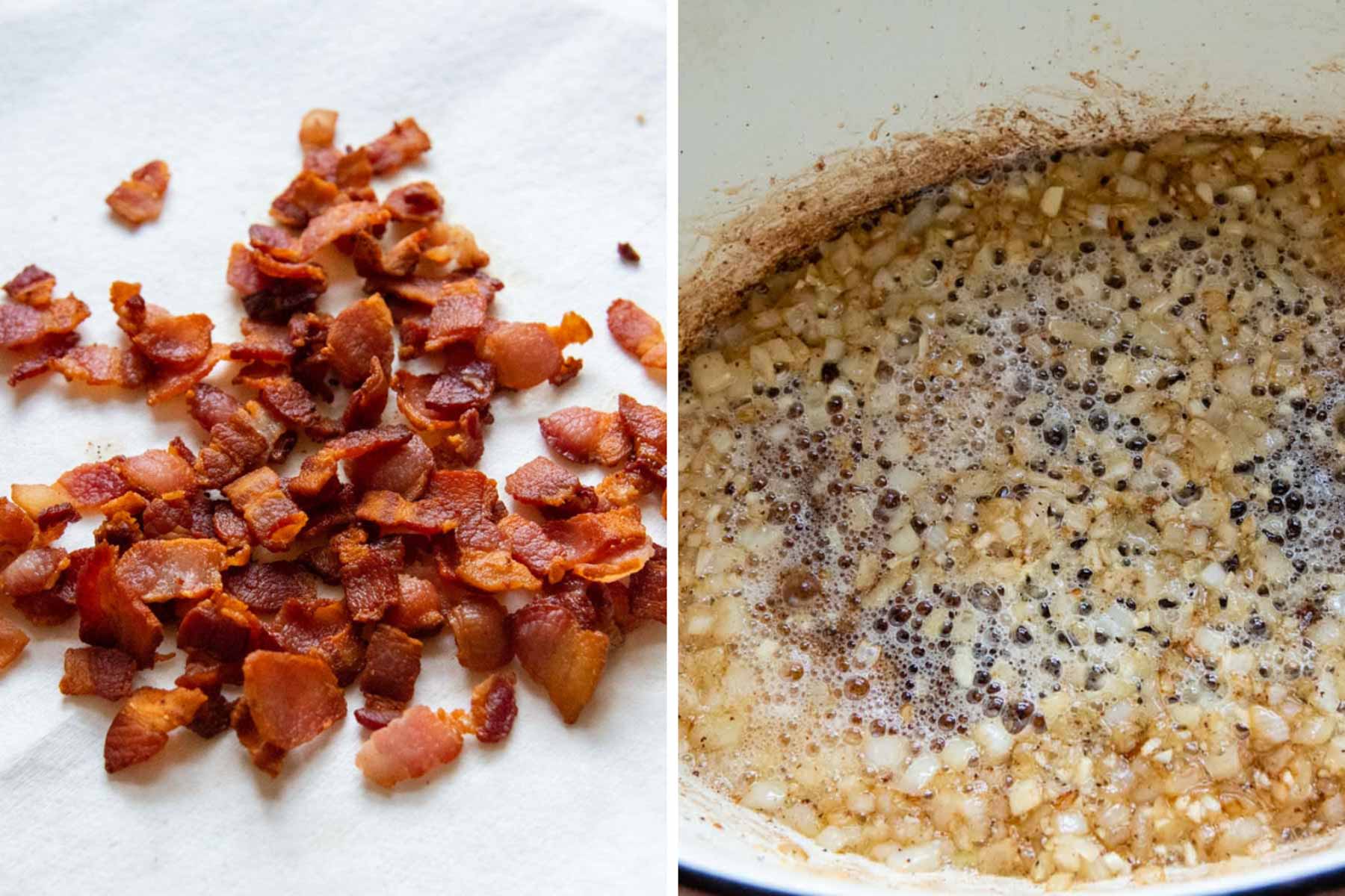 images showing how to fry bacon and cook onions.