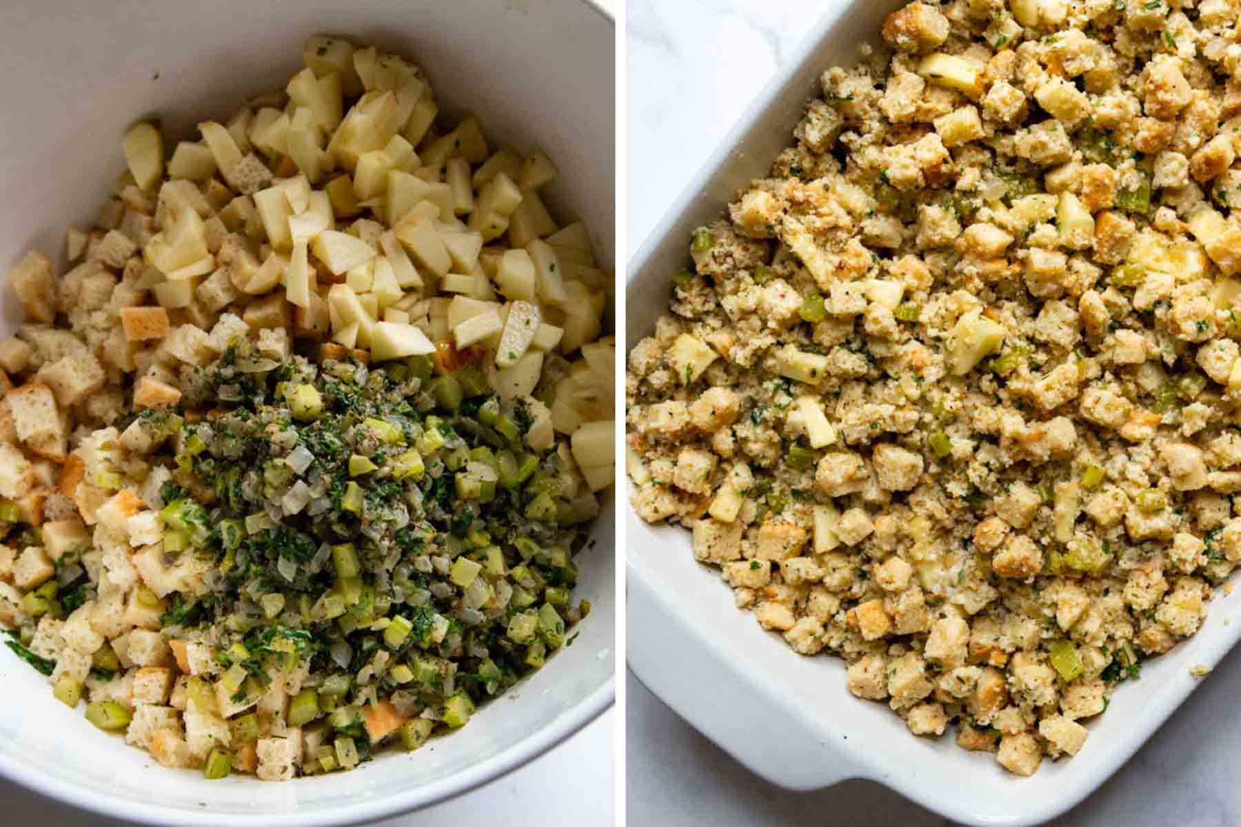 images showing how to mix together the stuffing.