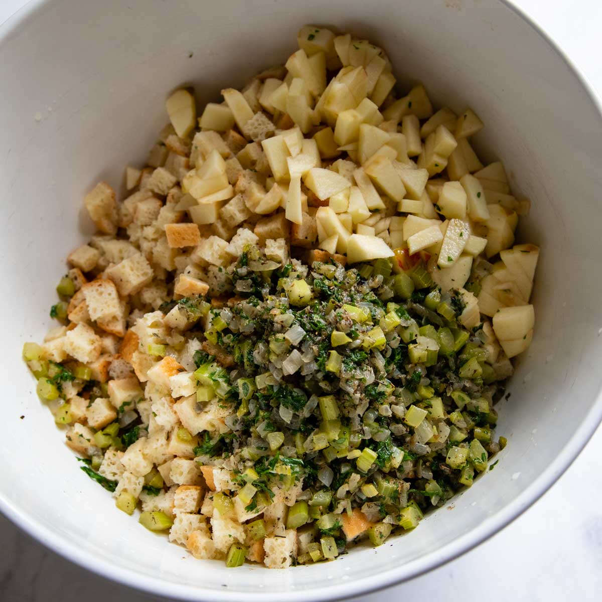 stuffing ingredients combined in a bowl.