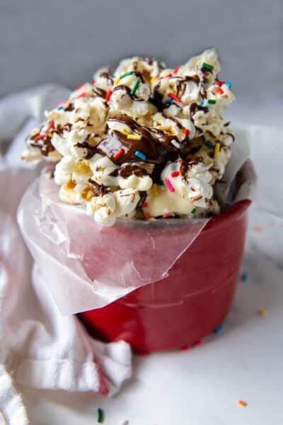 close up of chocolate popcorn with sprinkles.