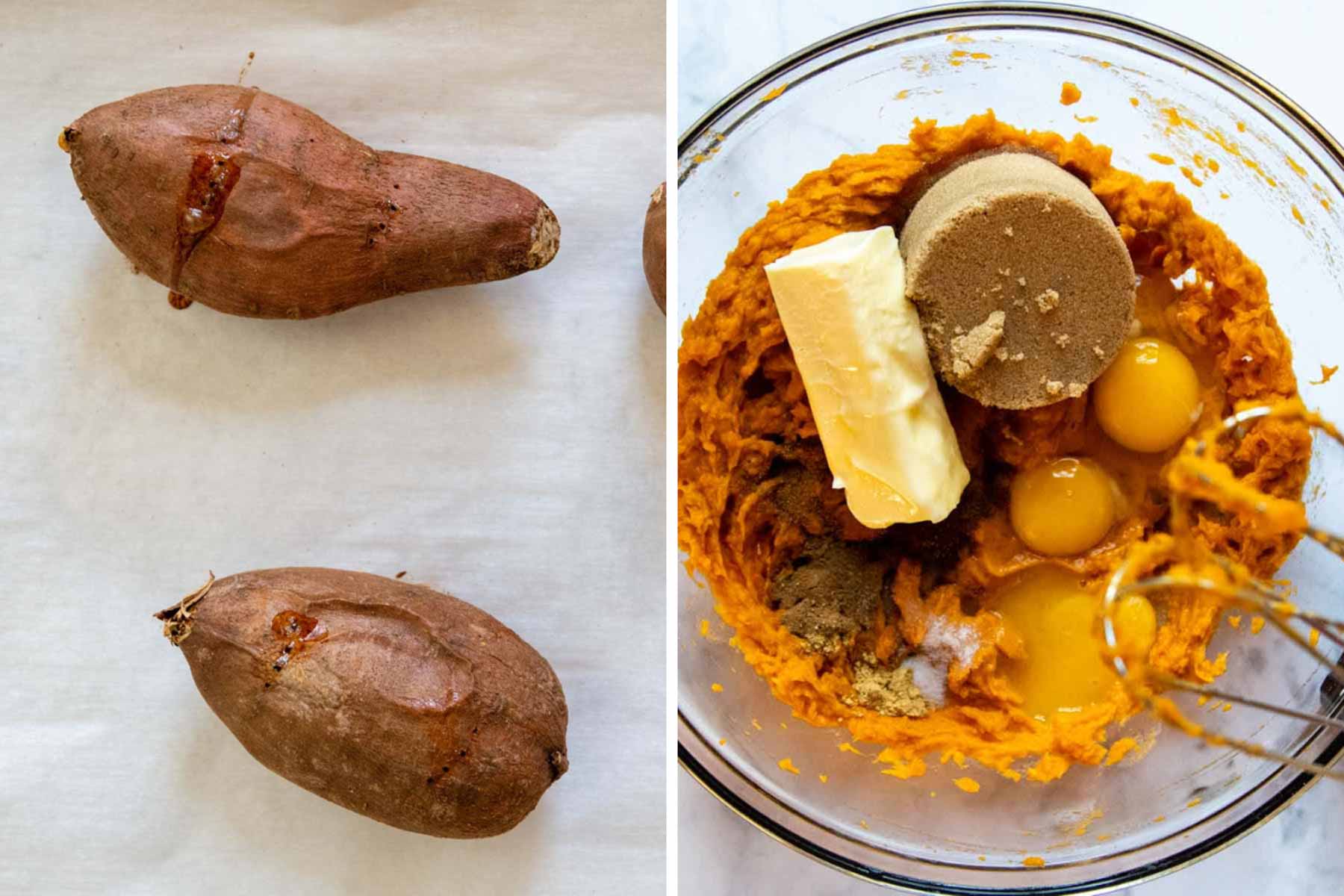 images showing how to make sweet potato pie filling.